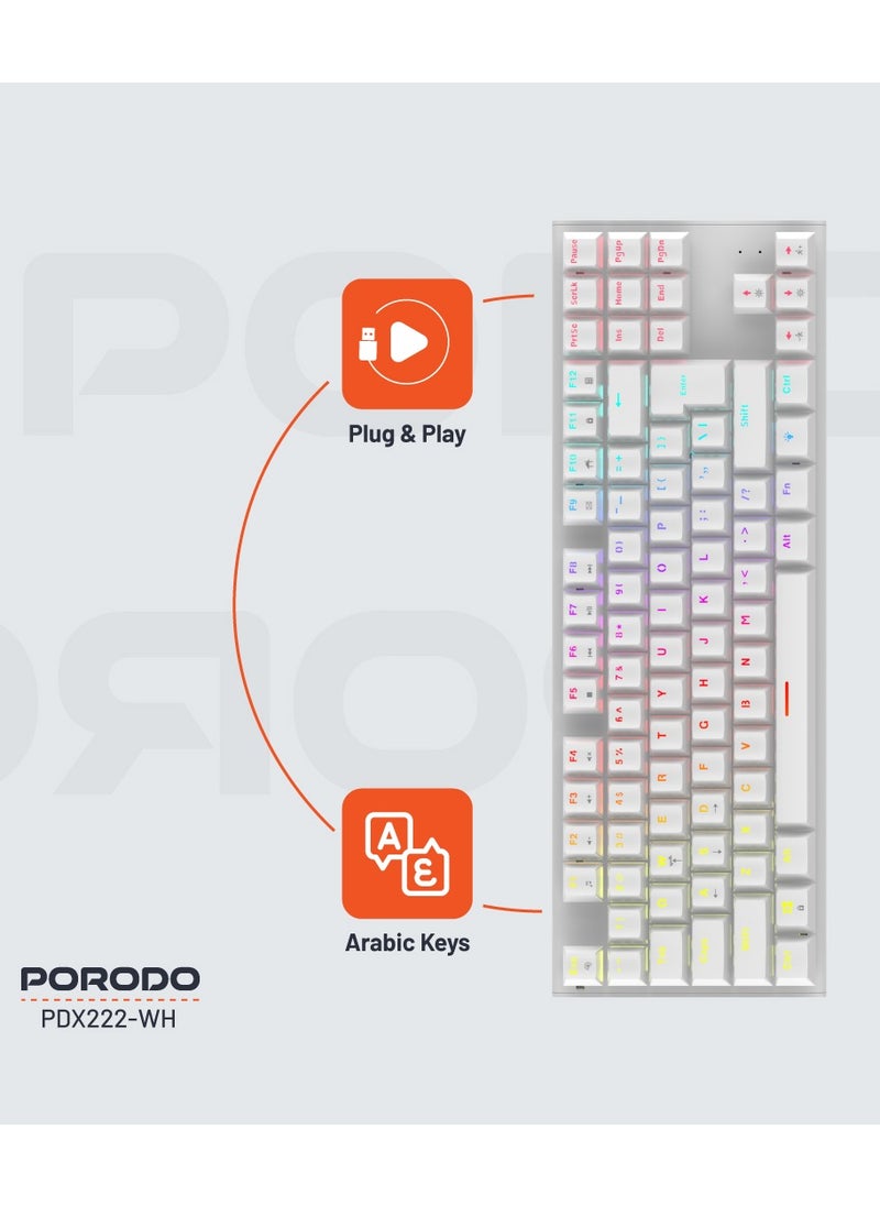 porodo Mechanical Keyboard with Suspending Keycaps and RGB Lights with 12 Lighting Modes/ English and Arabic Languages / Simultaneous Key Presses on 25 Keys / Sturdy Build / US layout - White  - Image 3
