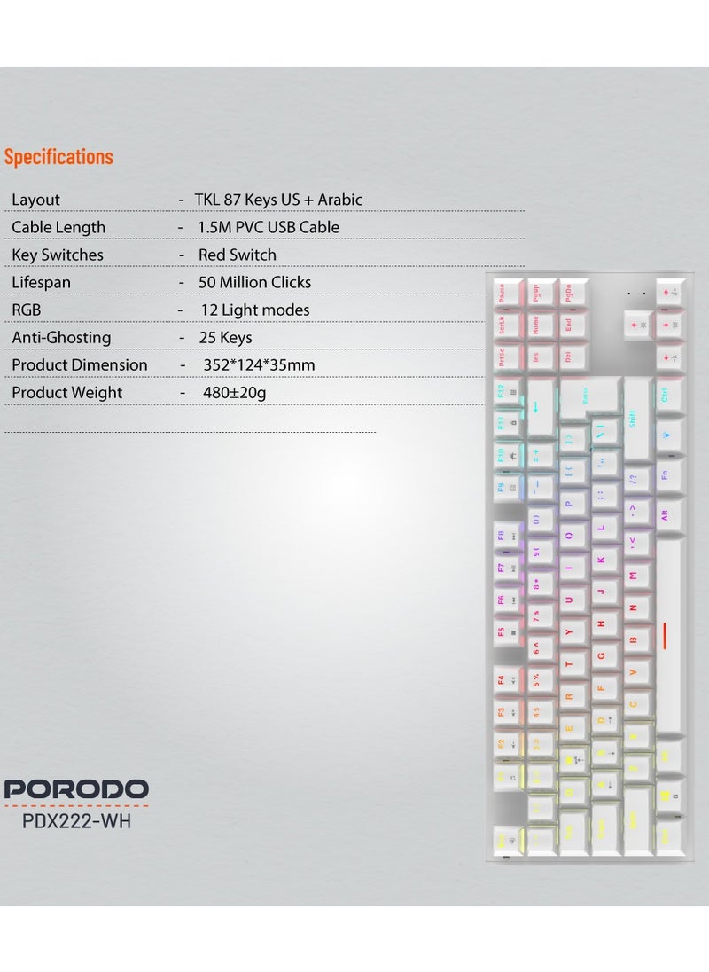 porodo Mechanical Keyboard with Suspending Keycaps and RGB Lights with 12 Lighting Modes/ English and Arabic Languages / Simultaneous Key Presses on 25 Keys / Sturdy Build / US layout - White  - Image 5