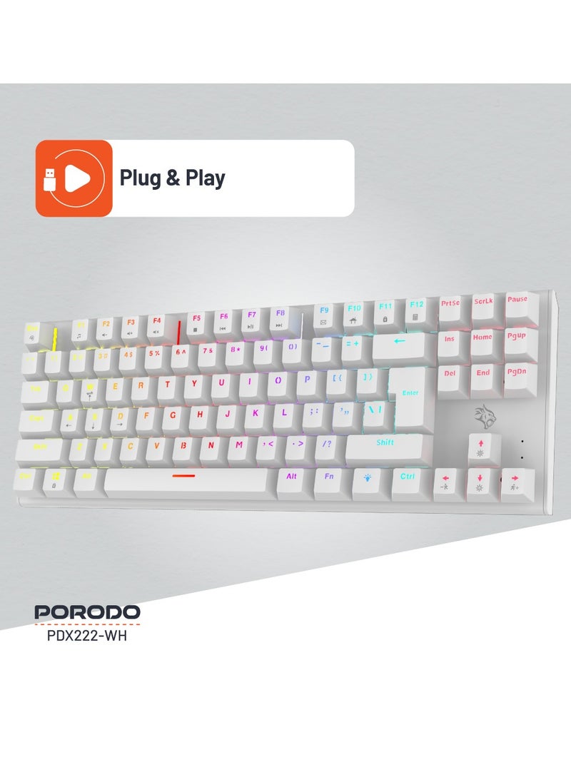 porodo Mechanical Keyboard with Suspending Keycaps and RGB Lights with 12 Lighting Modes/ English and Arabic Languages / Simultaneous Key Presses on 25 Keys / Sturdy Build / US layout - White  - Image 4