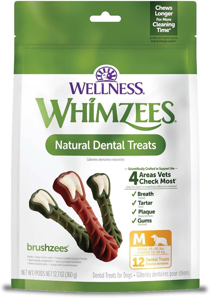 WHIMZEES by Wellness Brushzees Natural Dental Chews for Dogs, Long Lasting Treats, Grain-Free, Freshens Breath, Medium Breed, 12 count - Image 1