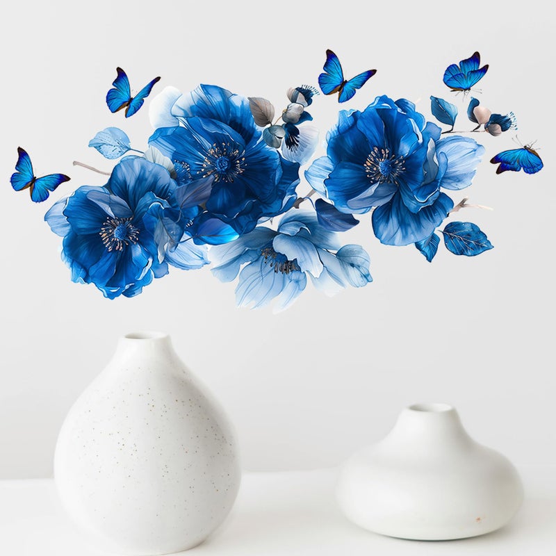 SWORNA Blue Flower Wall Decals Peel and Stick Peony Floral Wall Sticker Decor Removable Peonies Bouquet Wall Murals with Butterflies for Girls Bedroom Living Room Bathroom Hallway Door Office Kids Nursery - Image 4