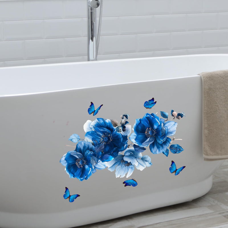 SWORNA Blue Flower Wall Decals Peel and Stick Peony Floral Wall Sticker Decor Removable Peonies Bouquet Wall Murals with Butterflies for Girls Bedroom Living Room Bathroom Hallway Door Office Kids Nursery - Image 5
