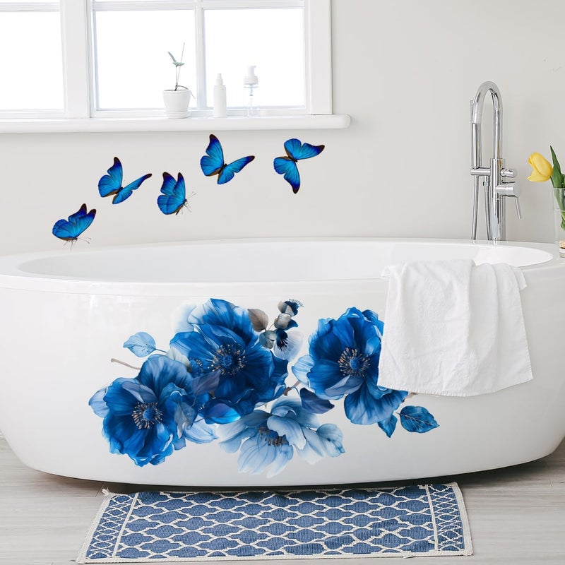 SWORNA Blue Flower Wall Decals Peel and Stick Peony Floral Wall Sticker Decor Removable Peonies Bouquet Wall Murals with Butterflies for Girls Bedroom Living Room Bathroom Hallway Door Office Kids Nursery - Image 3