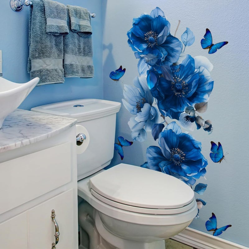 SWORNA Blue Flower Wall Decals Peel and Stick Peony Floral Wall Sticker Decor Removable Peonies Bouquet Wall Murals with Butterflies for Girls Bedroom Living Room Bathroom Hallway Door Office Kids Nursery - Image 1