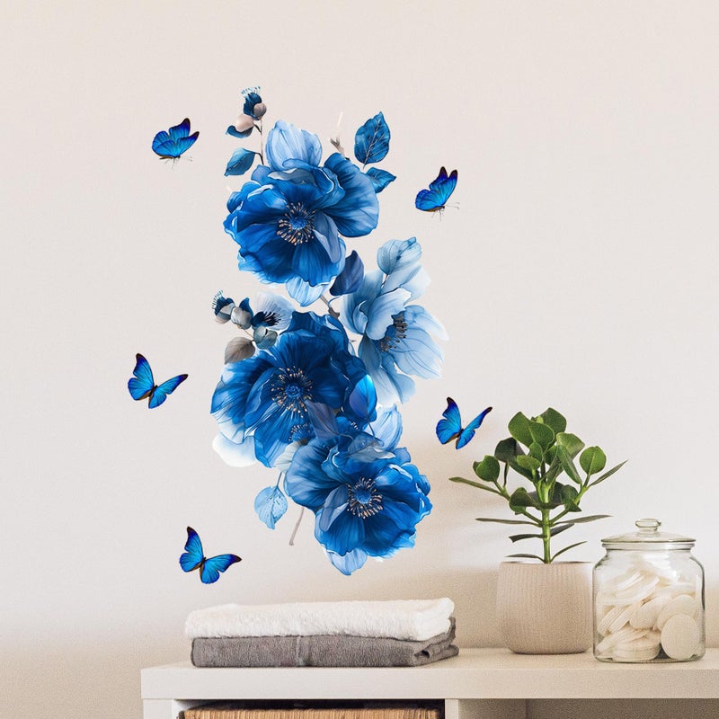 SWORNA Blue Flower Wall Decals Peel and Stick Peony Floral Wall Sticker Decor Removable Peonies Bouquet Wall Murals with Butterflies for Girls Bedroom Living Room Bathroom Hallway Door Office Kids Nursery - Image 2