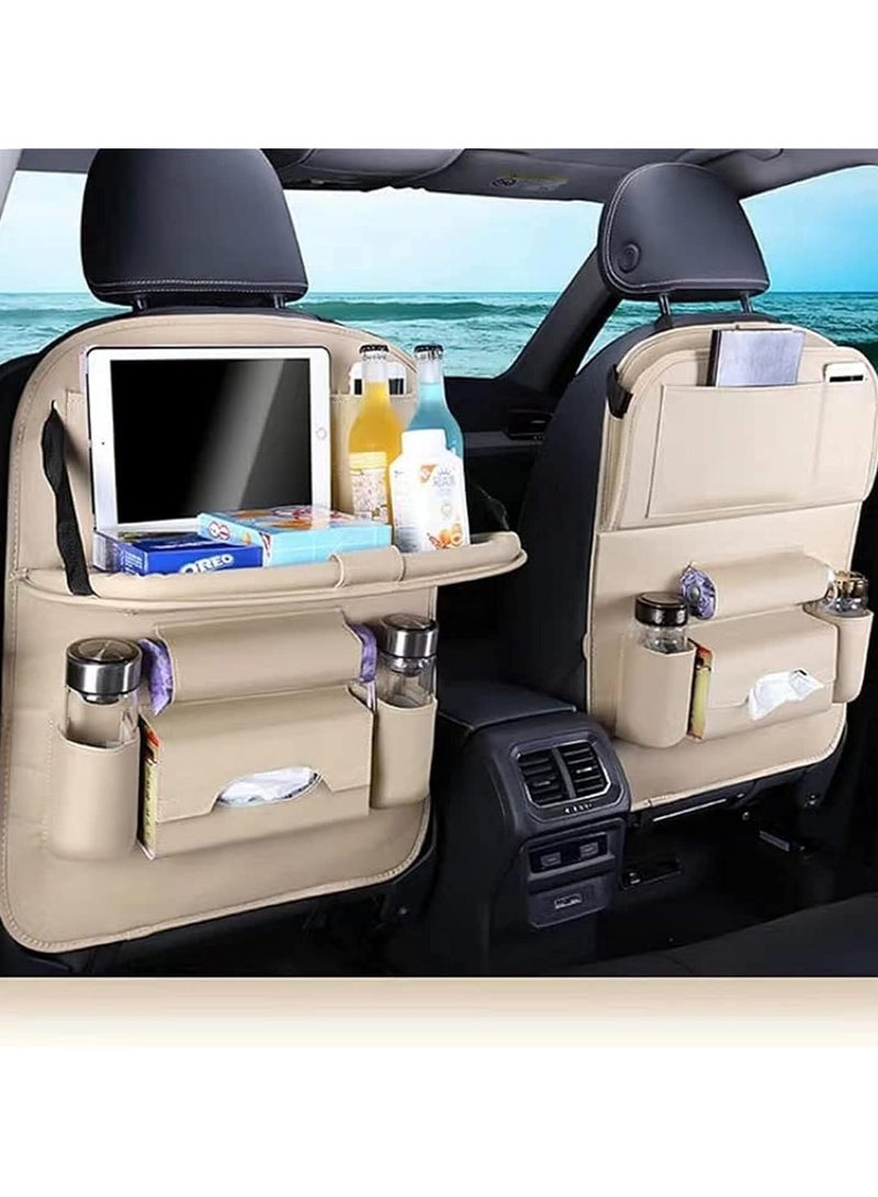 Generic Car Backseat Organizer with Tablet Holder, Touch Screen Tablet Hanger Stand for Kids Toddlers and Storage, Cup Umbrella Tissue Holder, Kick Mats Protector Car Accessories Pack of 1 (Beige)  - Image 1