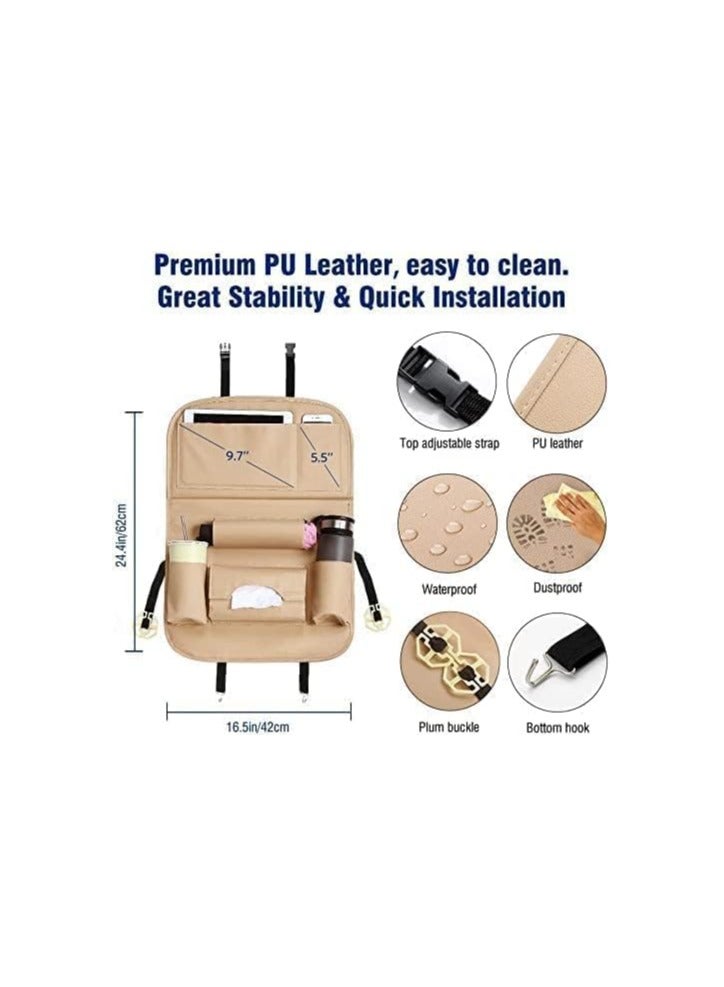 Generic Car Backseat Organizer with Tablet Holder, Touch Screen Tablet Hanger Stand for Kids Toddlers and Storage, Cup Umbrella Tissue Holder, Kick Mats Protector Car Accessories Pack of 1 (Beige)  - Image 2
