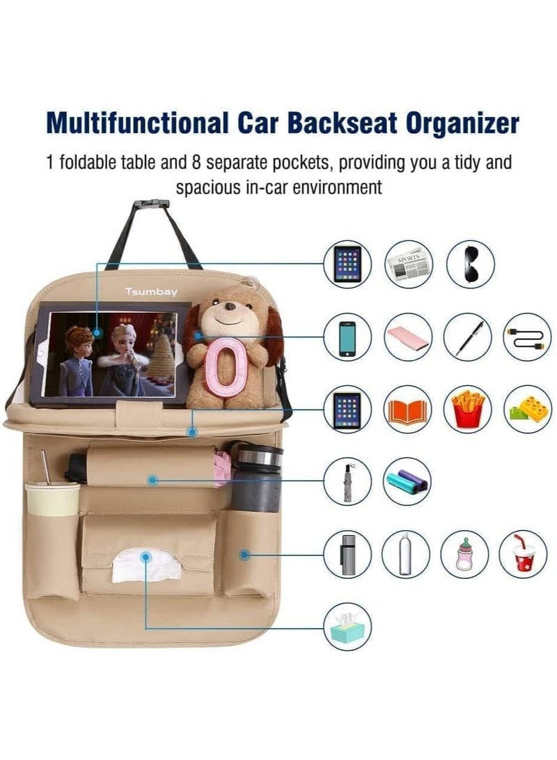 Generic Car Backseat Organizer with Tablet Holder, Touch Screen Tablet Hanger Stand for Kids Toddlers and Storage, Cup Umbrella Tissue Holder, Kick Mats Protector Car Accessories Pack of 1 (Beige)  - Image 3