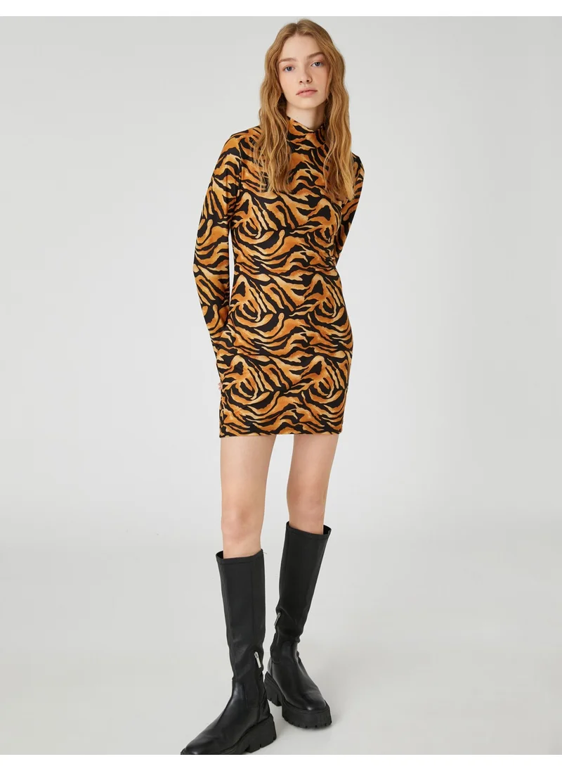 كوتون Mini Winter Pencil Dress Leopard Patterned Stand Collar Long Sleeve