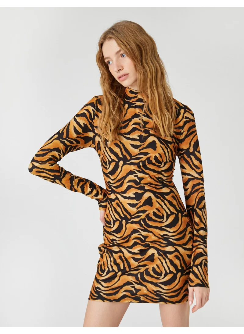 كوتون Mini Winter Pencil Dress Leopard Patterned Stand Collar Long Sleeve