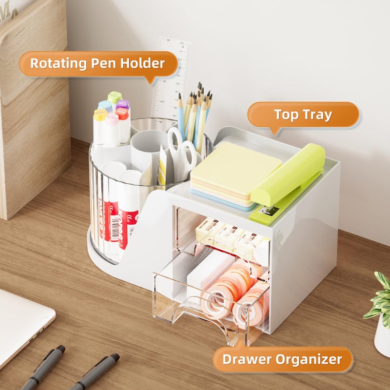Marbrasse Desk Organizer with 2 Drawer, 360Â°Rotating Pen Holder, Desk Organizers and Accessories with 6 Slots Pencil Organizer + 2 Drawer, Art Supply Storage Box Caddy for Office (White) - Image 2