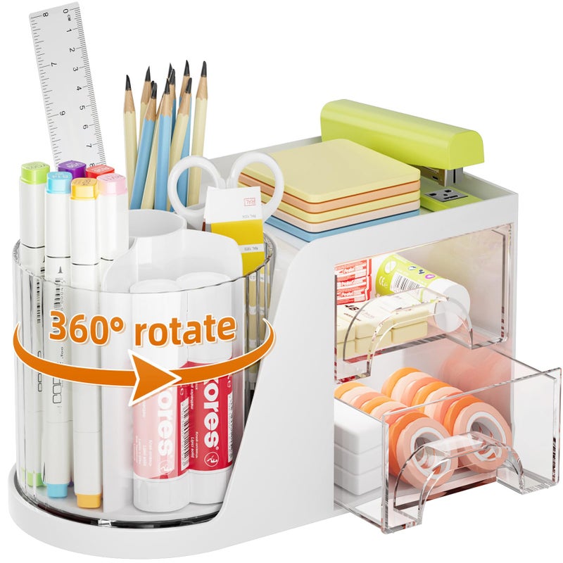 Marbrasse Desk Organizer with 2 Drawer, 360Â°Rotating Pen Holder, Desk Organizers and Accessories with 6 Slots Pencil Organizer + 2 Drawer, Art Supply Storage Box Caddy for Office (White) - Image 1