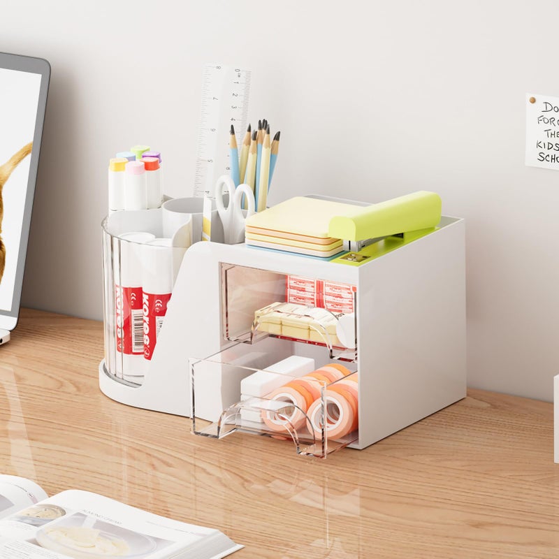 Marbrasse Desk Organizer with 2 Drawer, 360Â°Rotating Pen Holder, Desk Organizers and Accessories with 6 Slots Pencil Organizer + 2 Drawer, Art Supply Storage Box Caddy for Office (White) - Image 4