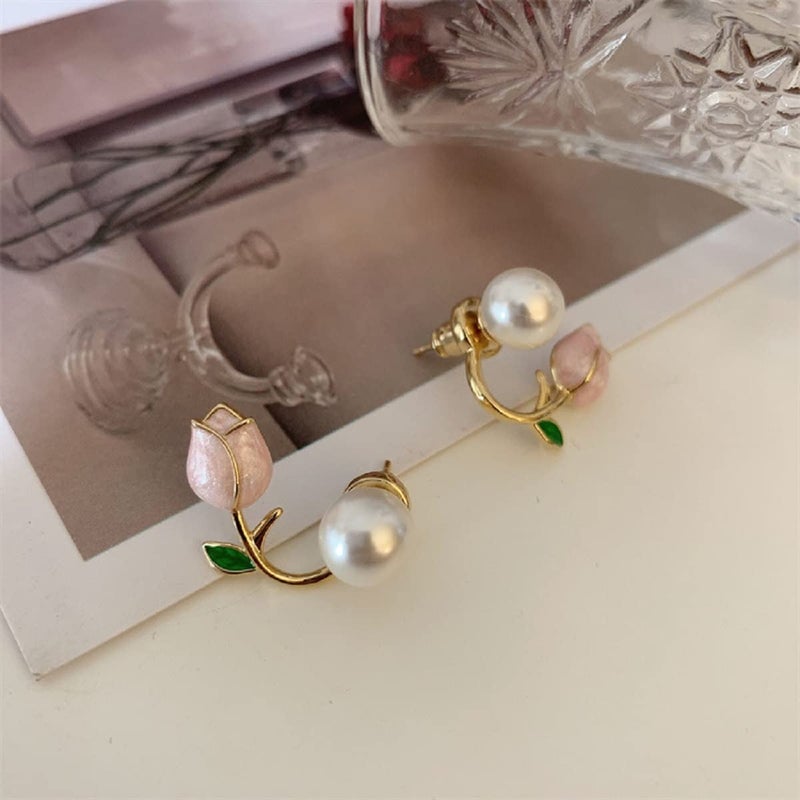 Lam Sence Sterling Silver Freshwater Pearl Pink Tulip Flower Earrings Fairy Floral Jewelry for Women - Image 5