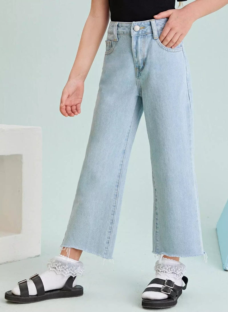 Girls High Waist Raw Hem Jeans  - Image 1