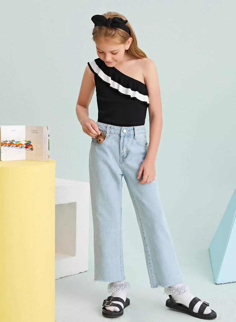 Girls High Waist Raw Hem Jeans  - Image 3