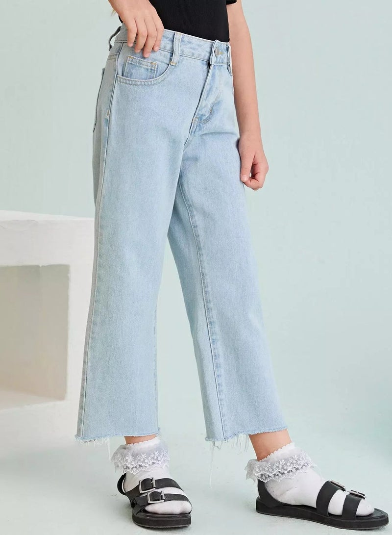 Girls High Waist Raw Hem Jeans  - Image 5