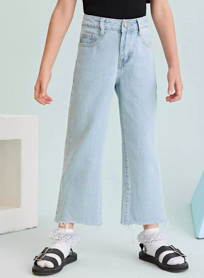 Girls High Waist Raw Hem Jeans  - Image 4