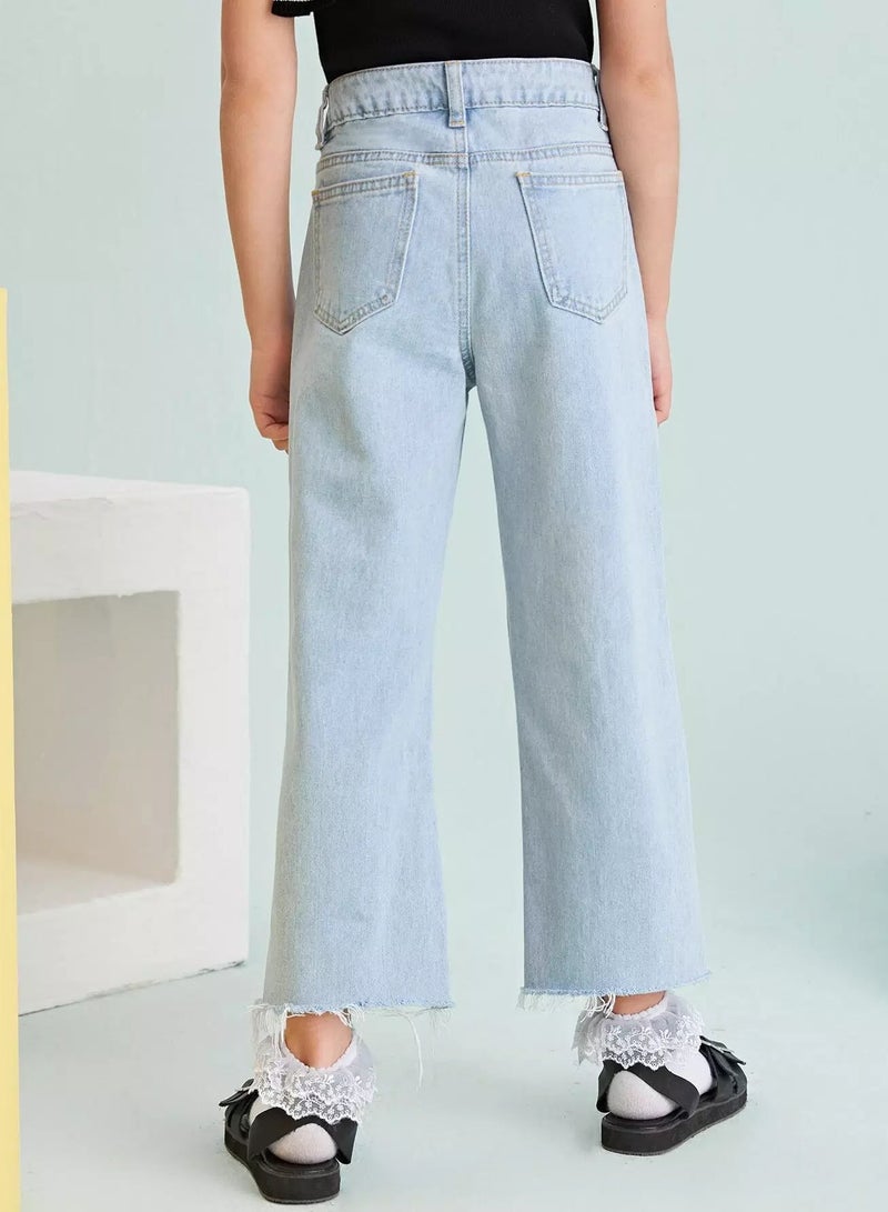 Girls High Waist Raw Hem Jeans  - Image 2