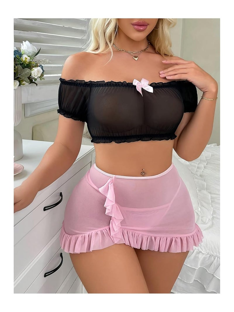 RioDebella Women's Sheer Off-Shoulder Babydoll Lingerie Set – Mesh Crop Top & Ruffle Mini Skirt Nightwear for Women - Image 3