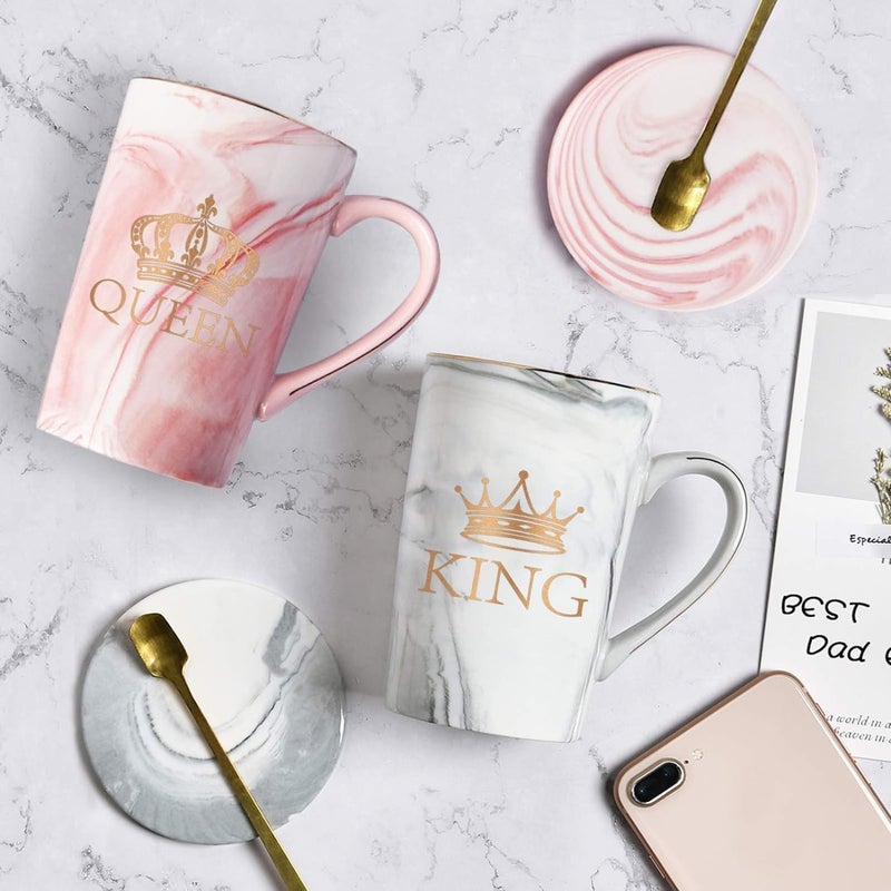 KRIVAL Couple Mug Coffee Ceramic Marble Cups with Lid Spoon Costers 14 Oz Wedding Anniversary Valantine Engegment Gifts for Bride and Groom King Queen - Image 5