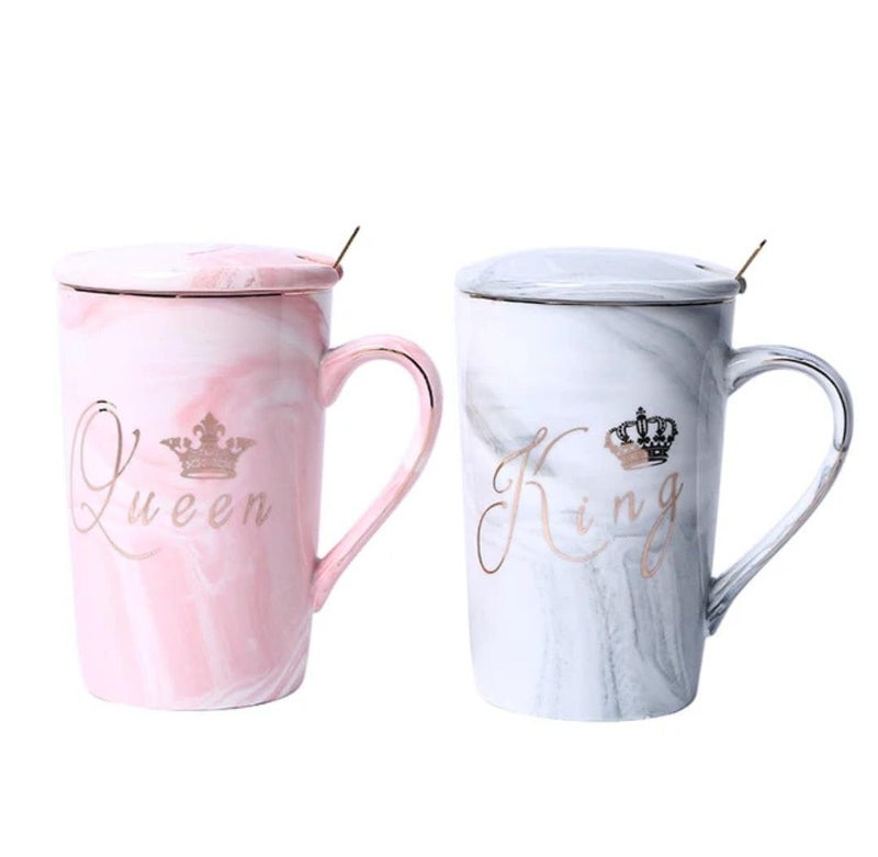 KRIVAL Couple Mug Coffee Ceramic Marble Cups with Lid Spoon Costers 14 Oz Wedding Anniversary Valantine Engegment Gifts for Bride and Groom King Queen - Image 2