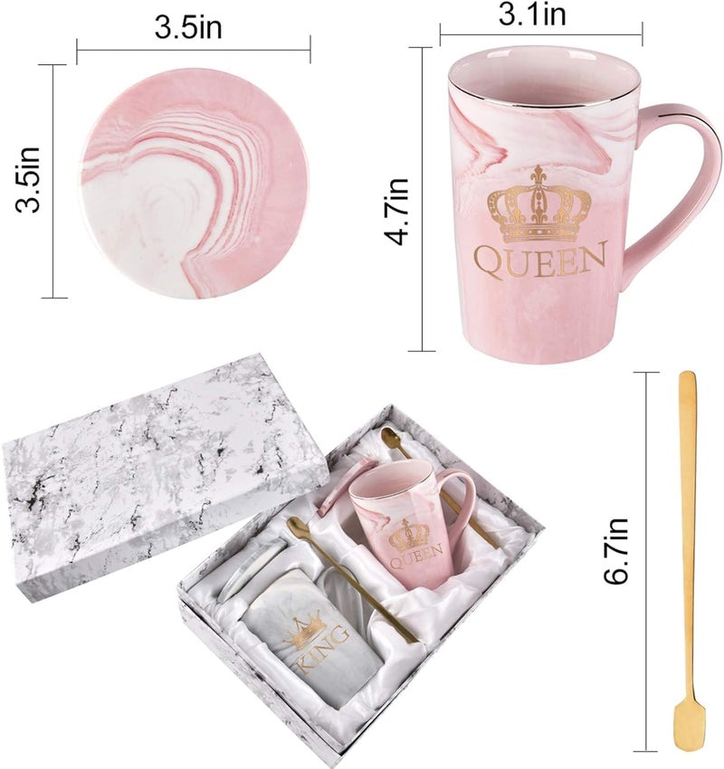 KRIVAL Couple Mug Coffee Ceramic Marble Cups with Lid Spoon Costers 14 Oz Wedding Anniversary Valantine Engegment Gifts for Bride and Groom King Queen - Image 3