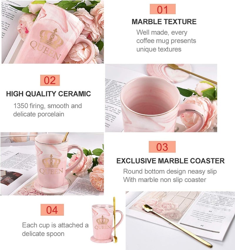KRIVAL Couple Mug Coffee Ceramic Marble Cups with Lid Spoon Costers 14 Oz Wedding Anniversary Valantine Engegment Gifts for Bride and Groom King Queen - Image 4