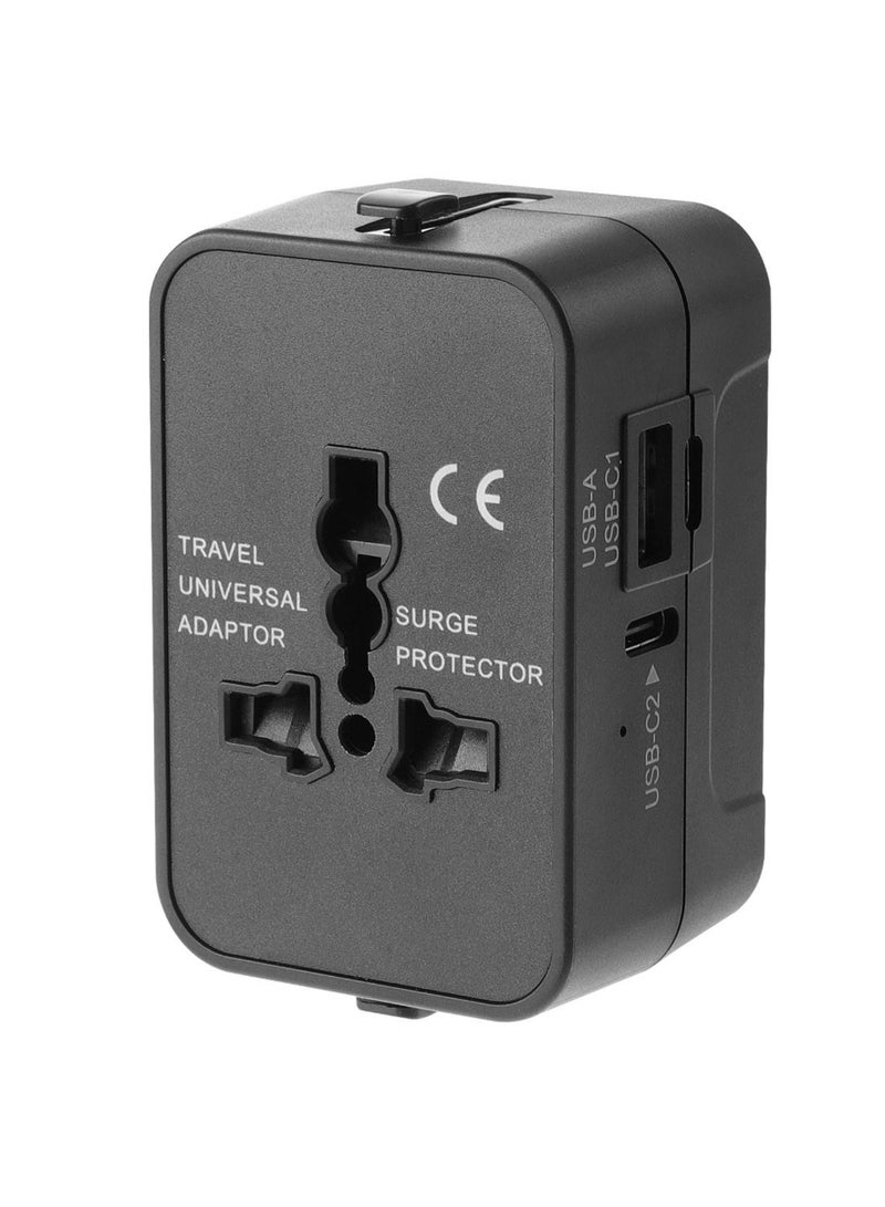HHT202A Universal Travel Adapter With 1 USB-A And 2 USB-C Ports Black
