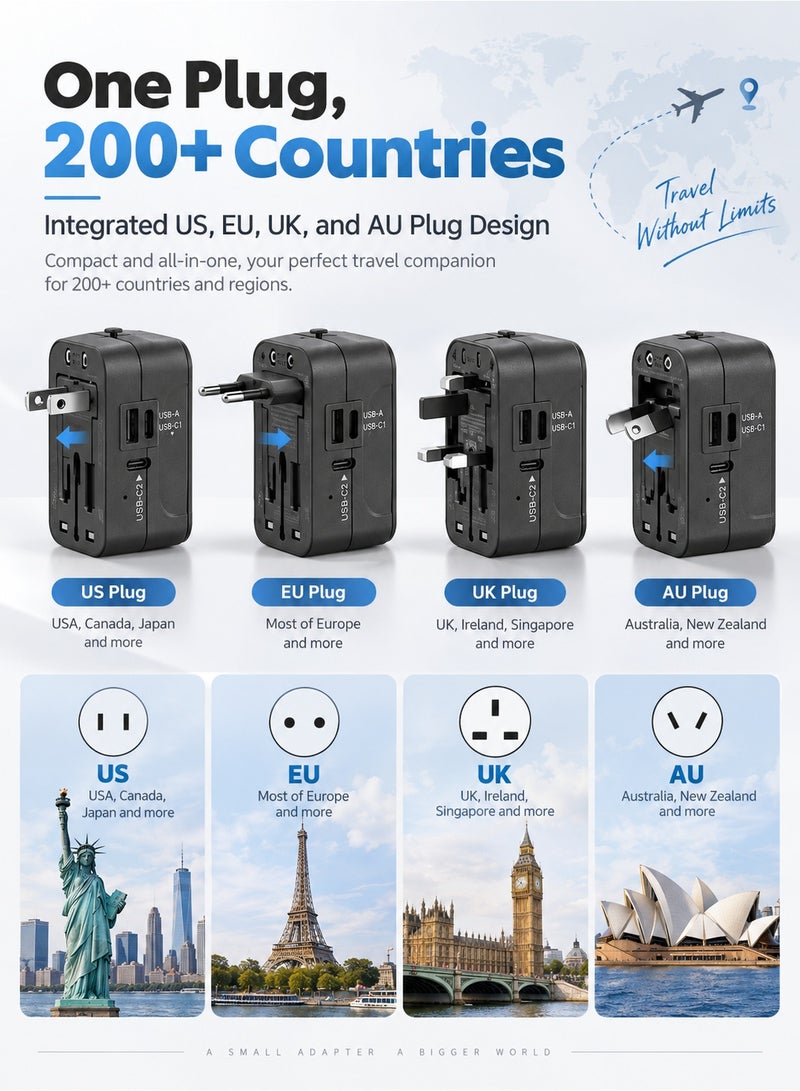 HHT202A Universal Travel Adapter With 1 USB-A And 2 USB-C Ports Black - Image 5