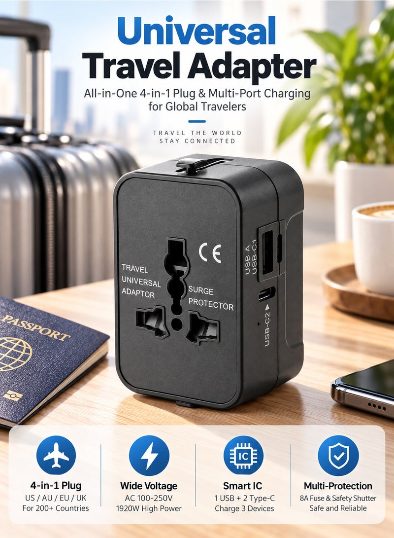 HHT202A Universal Travel Adapter With 1 USB-A And 2 USB-C Ports Black - Image 4
