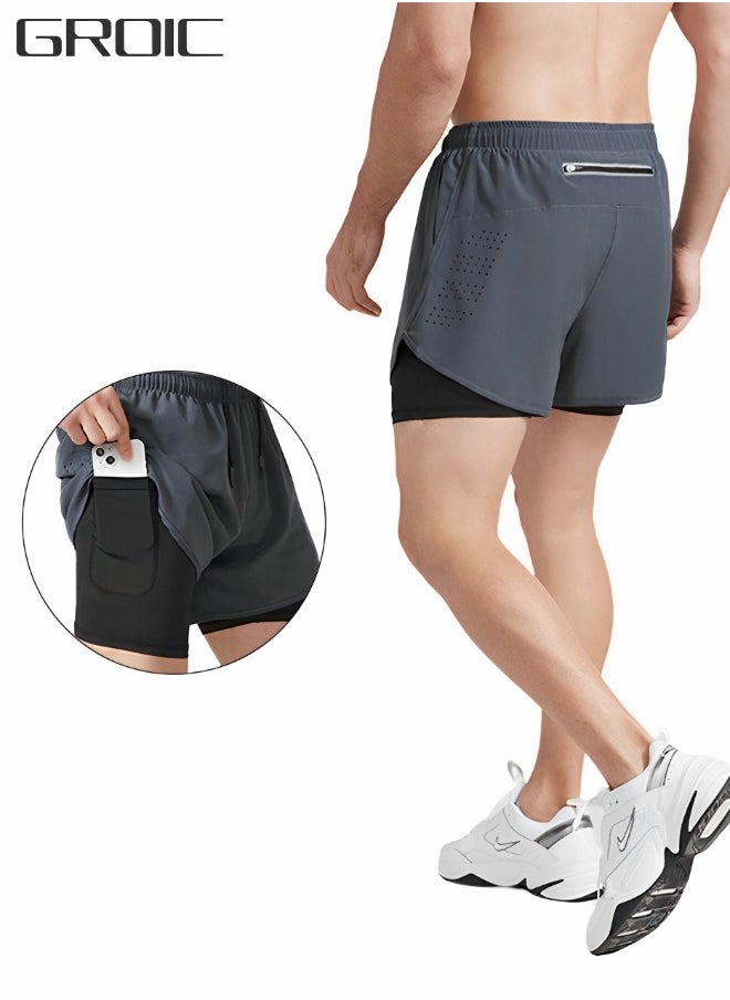 GROIC Men's Running Athletic Workout Sports 2 in 1 Running Shorts Quick Dry Lightweight Gym Athletic Workout Shorts for Men with Phone Pockets  - Image 1