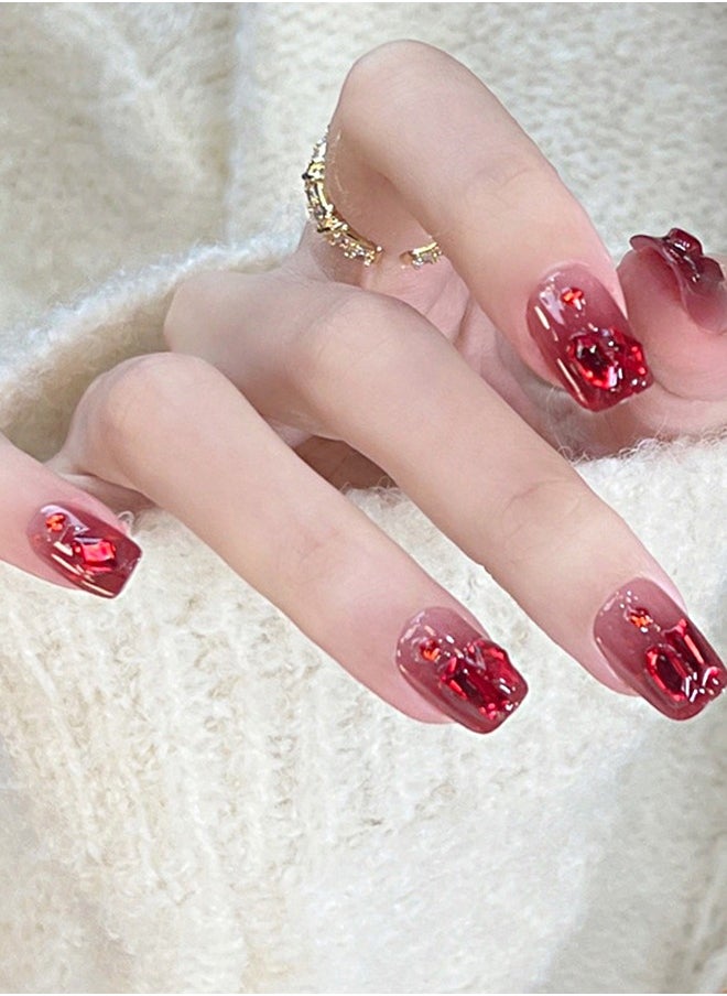 NIBEMINENT 30Pcs Fake Nails, Press Nails In Box,Short-length Flat head shaped Solid Red Color Shiny Nail Art,Zircon Fake Nail Patch  - Image 1