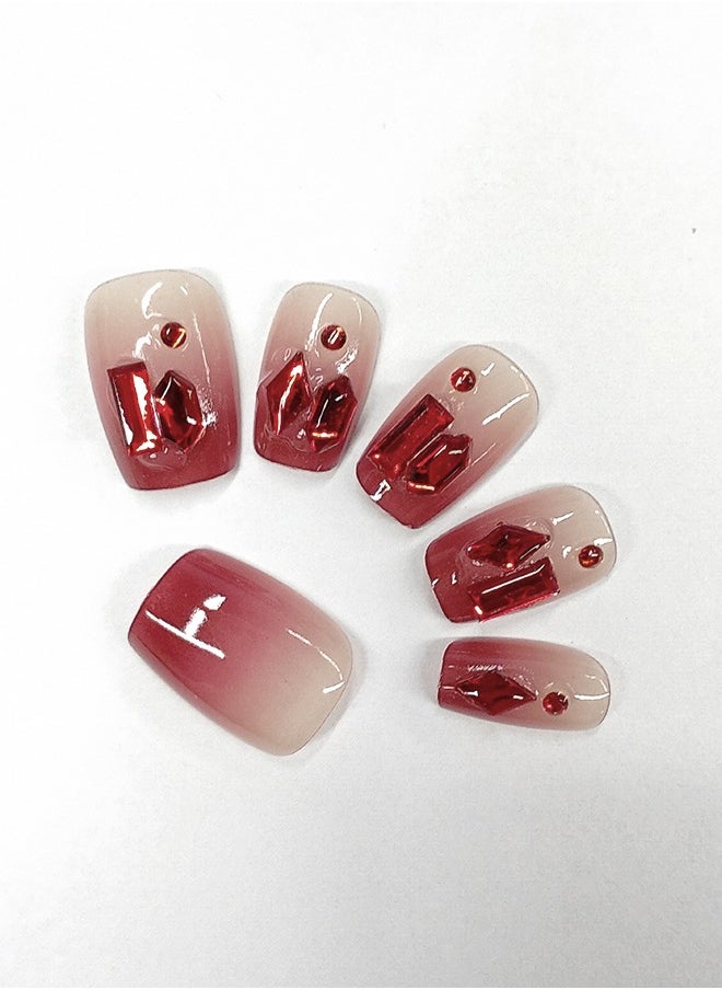 NIBEMINENT 30Pcs Fake Nails, Press Nails In Box,Short-length Flat head shaped Solid Red Color Shiny Nail Art,Zircon Fake Nail Patch  - Image 2