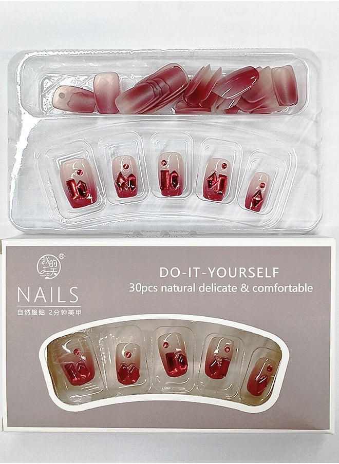 NIBEMINENT 30Pcs Fake Nails, Press Nails In Box,Short-length Flat head shaped Solid Red Color Shiny Nail Art,Zircon Fake Nail Patch  - Image 3