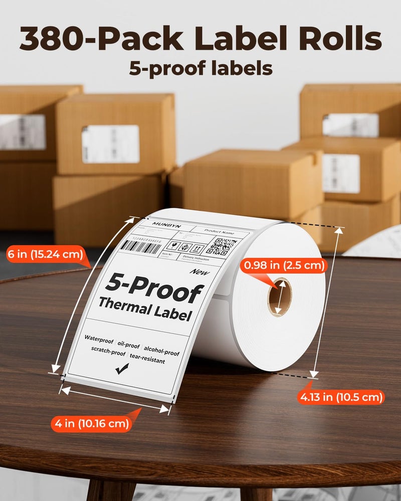 MUNBYN 4"x6" Direct Thermal Shipping Labels, Durable Waterproof, Oil-Proof, Scratch-Proof, Alcohol-Resistant, Tear-Resistant Label Paper for Thermal Printers, Packages, and Logistics, 380 Sheets/Roll - Image 2
