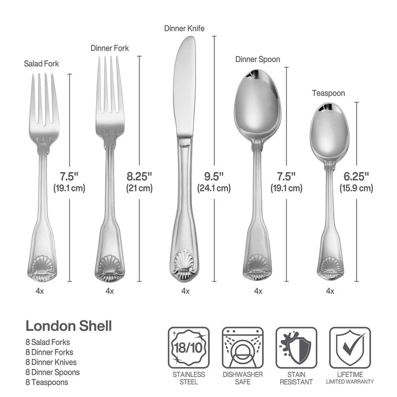 Towle London Shell 45-Piece 18/10 Stainless Steel Flatware Set, Service for 8 - Image 3