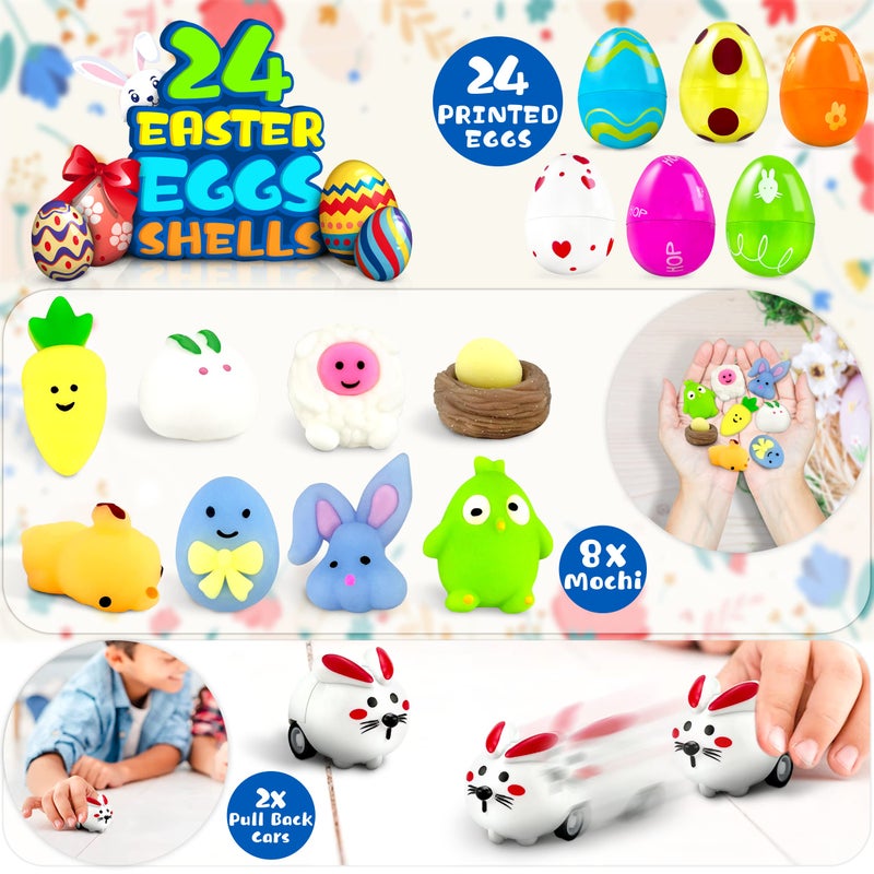 LINAYE 24 Packs Prefilled Easter Eggs with Toys Inside - Pre Filled Stuffed Easter Eggs with Pull-Back Cars, Mochi Toys for Egg Hunt, Basket Stuffers Gifts for Kids - Image 2