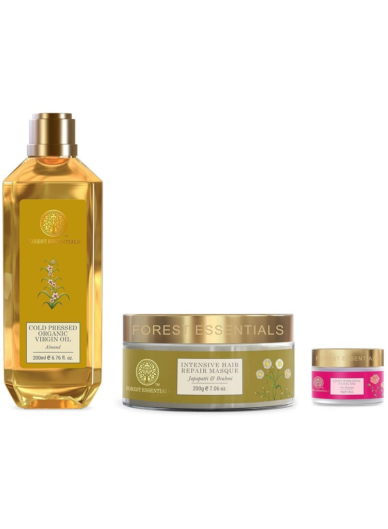 فورست اسينشالز زيت اللوز العضوي المعصور على البارد من فوريست إسينشالز 200 مل، وقناع إصلاح الشعر المكثف من جاباباتي وبراهمي 200 غ (قناع للشعر)، وجل مرطب خفيف للوجه بماء الورد النقي 50 غ (جل للوجه). - Image 1