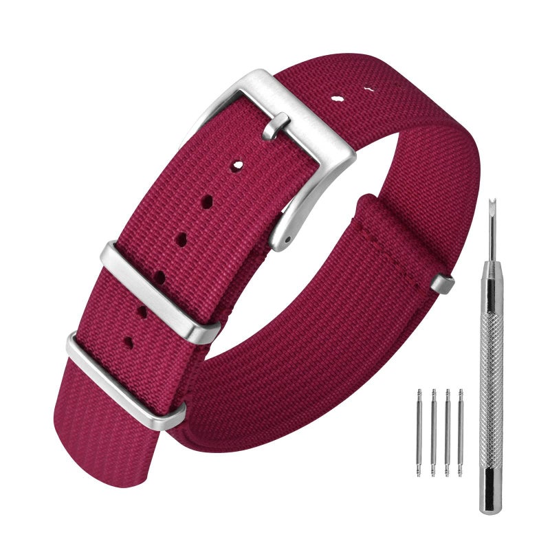 ANNEFIT Nylon Watch Band 20mm OnePiece Waterproof Military Watch Straps with Heavy Silver Buckle Red - Image 2