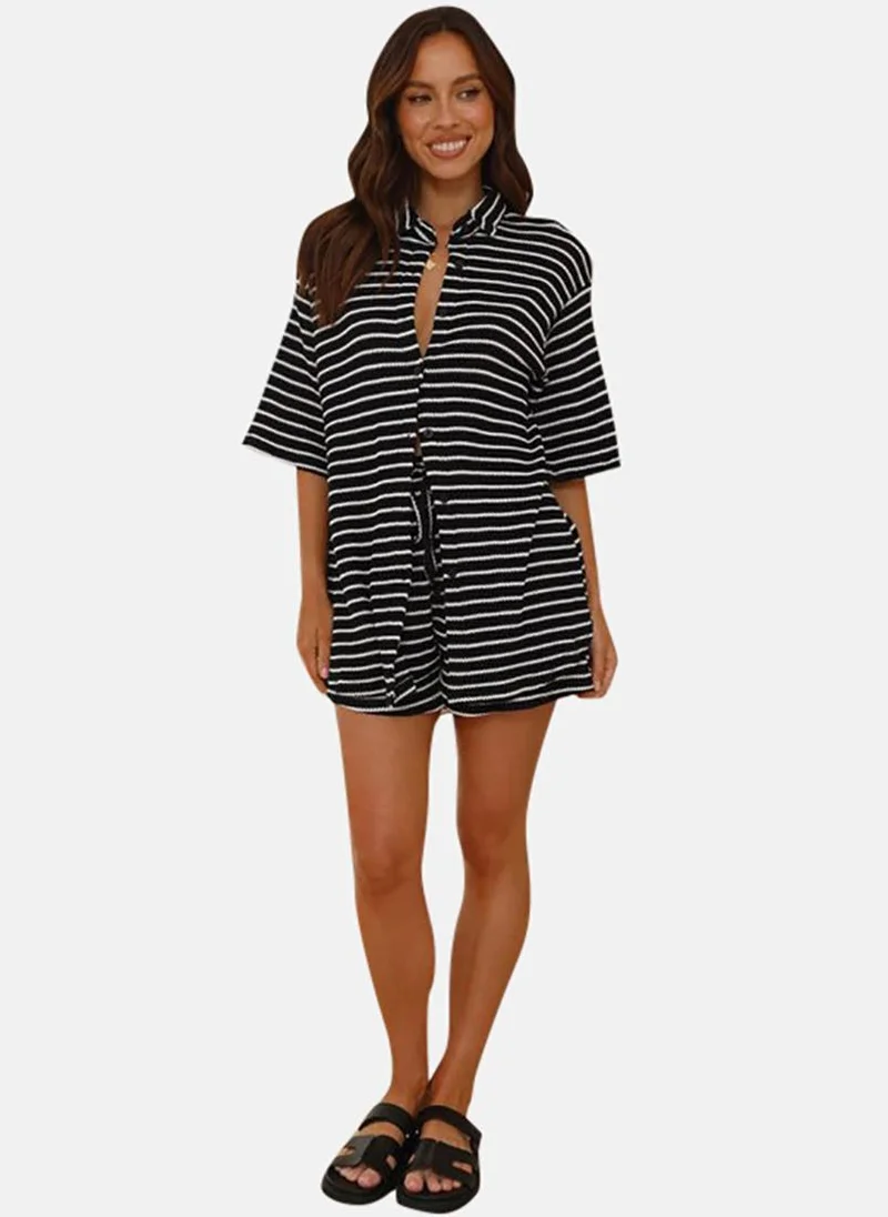 YUNIQEE Black Striped T-Shirt And Shorts
