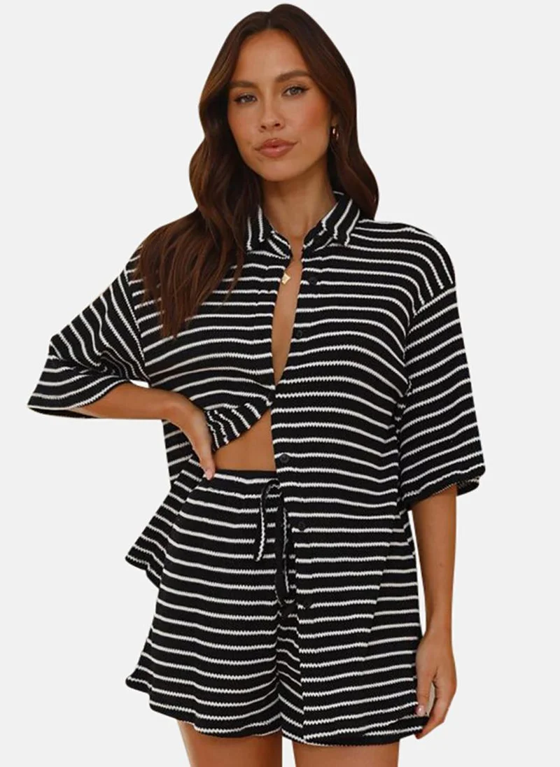 YUNIQEE Black Striped T-Shirt And Shorts