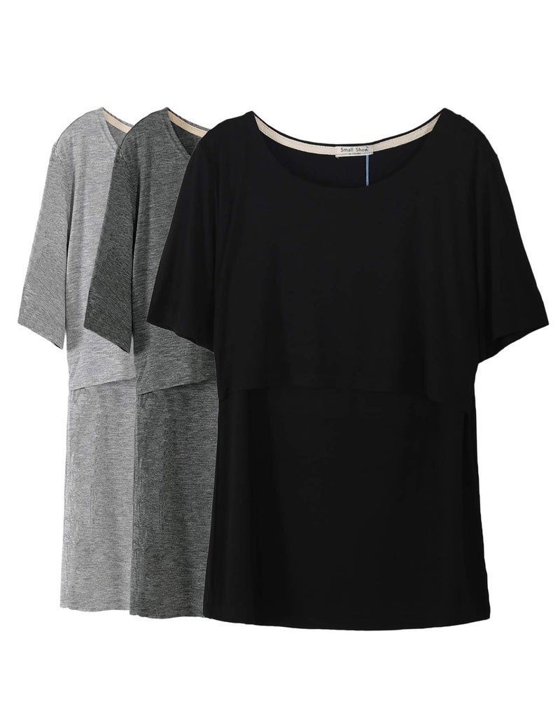 Smallshow 3 Pcs Maternity Nursing T-Shirt Nursing Tops Dim Grey-Black-Grey Large - Image 1