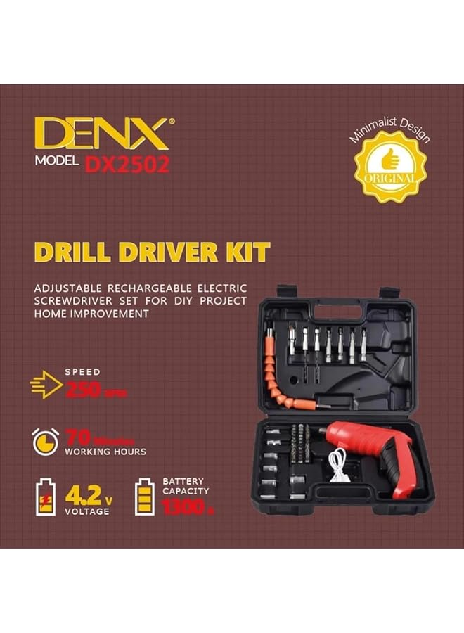 Denx Drill Driver Kit Mini Adjustable Cordless Rechargeable Electric Screwdriver Set For Diy Project Suitable For Home Speed Of 250 Rpm 70 Minutes Working Hours 1300Mah Battery Dx2502 - Image 3