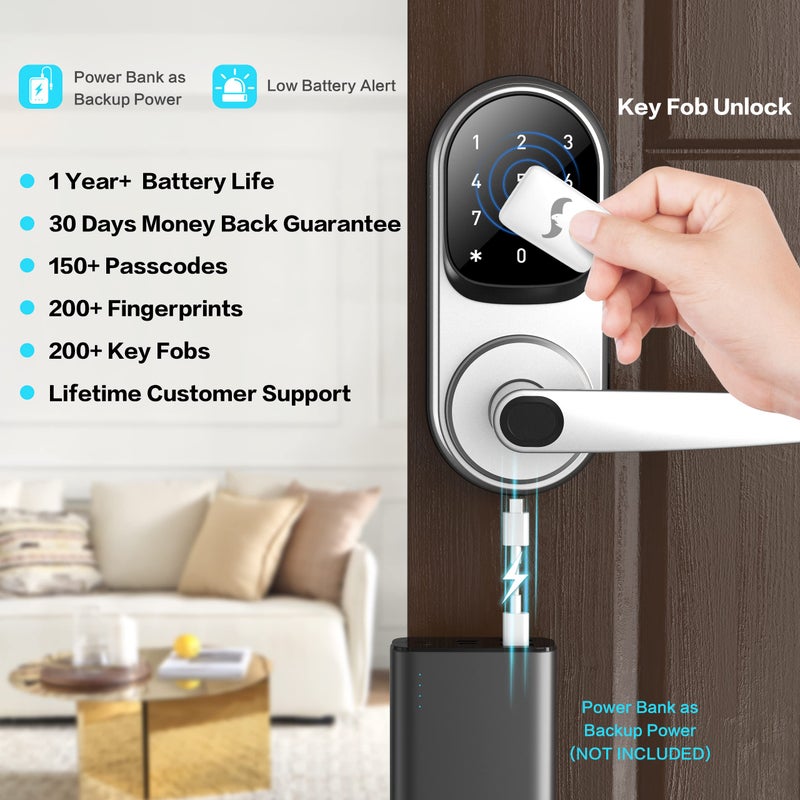 Sifely Smart Lock, Keyless Entry Door Lock, Smart Door Lock, Door Lock with Keypad, Smart Lock Front Door, Fingerprint Door Lock, Smart Lock with Handle, Digital Door Lock, Keypad Door Lock (Silver) - Image 3