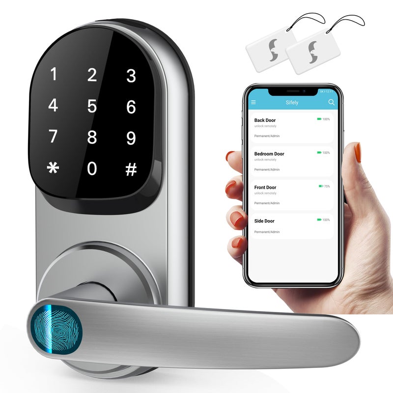 Sifely Smart Lock, Keyless Entry Door Lock, Smart Door Lock, Door Lock with Keypad, Smart Lock Front Door, Fingerprint Door Lock, Smart Lock with Handle, Digital Door Lock, Keypad Door Lock (Silver) - Image 1