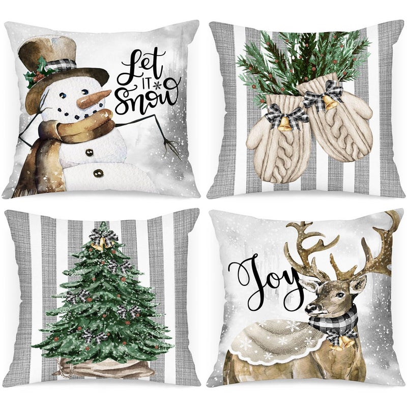 Lanpn Lanpn Winter 16x16 Christmas Throw Pillow Covers Set of 4  Xmas Snowman Gloves Elk Eucalyptus Winter Decorative Holiday Pillow Case Cushion Cover 16 x 16 for Indoor Home Bedroom Sofa Couch  - Image 1