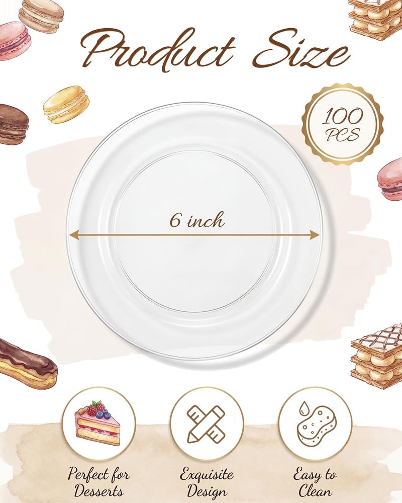 bUCLA 100Pieces Clear Plastic Plates - 6.25inch Premium Hard Disposable Salad/Dessert/Appetizer/Small Cake Plates for Wedding& Party - Image 2