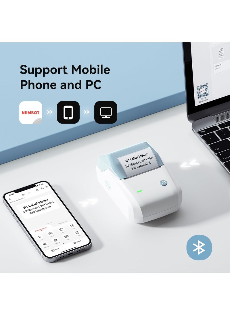 NIIMBOT - B1 Wireless Bluetooth Label Printer with 1 Roll 50*30mm White Label Sticker and USB Cable, Portable Inkless Thermal Label Maker, Great for Supermarket, Retail Store and Home Printing Barcodes - Image 1