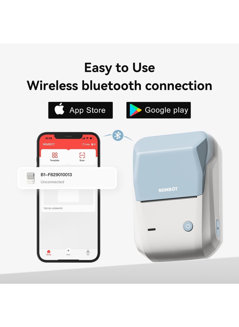 NIIMBOT - B1 Wireless Bluetooth Label Printer with 1 Roll 50*30mm White Label Sticker and USB Cable, Portable Inkless Thermal Label Maker, Great for Supermarket, Retail Store and Home Printing Barcodes - Image 1
